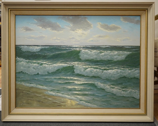 Gerhard Lukas-Larsen (German, 1911-1965), oil on canvas, Rollers in a seascape, signed, E. Stacy Marks label verso, 60 x 80cm. Condition - good